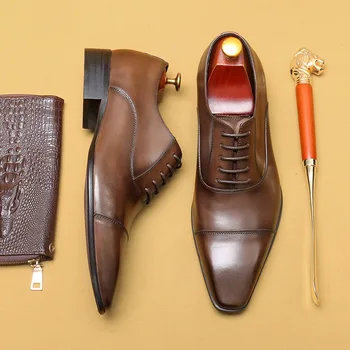 Италиански мъжки модел обувки, луксозни маркови дизайнерски обувки ръчна изработка от естествена кожа, есенни нов бизнес и сватбени обувки-oxfords за мъже