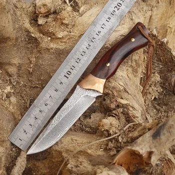 Класическа дръжка от червено сандалово дърво, открит преносим нож от дамасской стомана VG10, прав нож за къмпинг, нож за самозащита висока твърдост