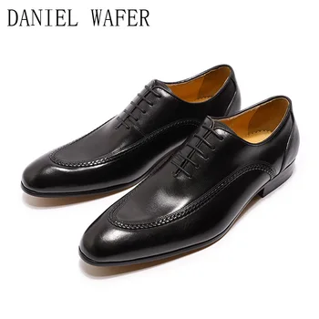 Класически дизайн, мъжки обувки-oxfords, обувки от естествена кожа с остри пръсти, дантела, цвят черен, кафе, мъжко рокля, офис официалната обувки