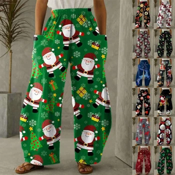 Коледни панталони, дамски модни джоггеры с принтом Дядо Коледа, широки панталони, ежедневни панталони, спортни панталони, свободни зреещи 5XL