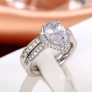 Комплект пръстени Huitan Eternity Water Drop с кубическим цирконием, дамски пръстени за сватбата, просто стилен луксозен сребърен цвят, 2 бр., блестящи бижута