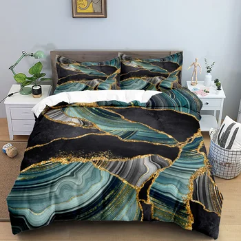 Комплект спално бельо King Size, луксозен, дизайнерски, модерен абстрактен мрамор 3D двоен чаршаф, калъфка за възглавница, зелено, черно, златно покривало за легло