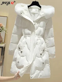 Корейската мода, тънки паркове с качулка и шал яка от изкуствена кожа, зимно дамско яката на палтото, ватирани якета с завязками на талията, зимни Casaco дължина Midi