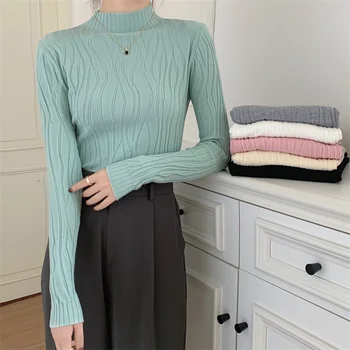 Корейски модерен шарени, в сгъвката, с дълъг ръкав, обикновен, топъл, мек пуловер, женски, 2022, с полувысоким яка, монтиране пуловер, потник, Femme