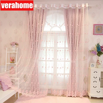 Корейски пасторални розови плътни завеси Принцеси за момичета, детски Хол, спалня, работа с прозорци, прозрачен тюл, романтична екран