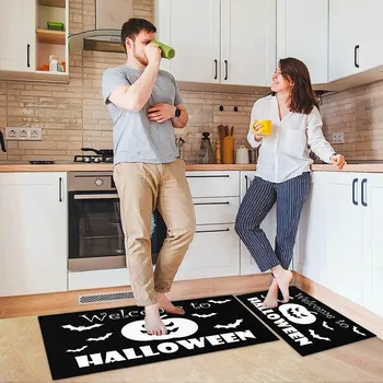 Кухненски килим на Хелоуин (2 бр) с Кухненски килим с азбука от тиква за Хелоуин, моющаяся възглавница, удобен комплект кухненски килим