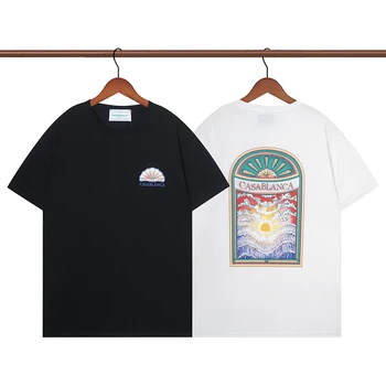 Летни тениски Казабланка-за мъже и жени е 1: 1 с шарени раковини, писмото принтом, лого, с къс ръкав, ежедневни тениски голям размер, черни, бели върхове