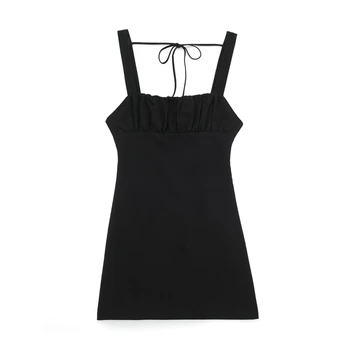 Лятното ново черно късо ленено рокля без ръкави с яка от една дума, секси пола на подтяжках за самоусъвършенстване с отворен гръб