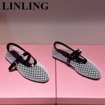 Маркови дизайнерски обувки на плоска подметка с декорация във формата на кристали, мрежести отворени гладиаторски балет апартаменти, ежедневни обувки с каишка и катарама, дамски обувки от естествена кожа, 2023