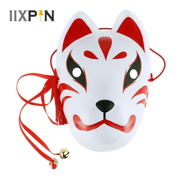 Маска на лисица IIXPIN, направена ръчно, маска за цялото лице, аксесоари за cosplay, японската маска с пискюли, малки звънчета, костюмиран за cosplay