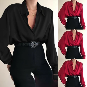 Мода есен дамска блуза-риза, ежедневни дамски блуза с ревера и дълъг ръкав, однотонная черна червена дамска блуза за жени, дамски връхни дрехи