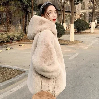 Моден зимни свободен пуловер от изкуствена кожа, женски гъст топло меховое палто със средна дължина, с цип, с качулка, водоустойчив норковая палто