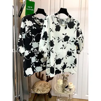 Модерен дамски блуза-риза с флорална принтом, ежедневни летни пуловери с кръгли деколтета, блузи с къс ръкав, елегантна тънка градинска дрехи, ризи партита