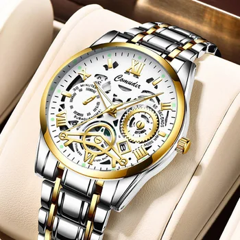 Модерни маркови мъжки кварцов часовник с автоматичен механизъм, кухи бизнес водоустойчив светещи тенденция часовници, ръчни часовници е от неръждаема стомана