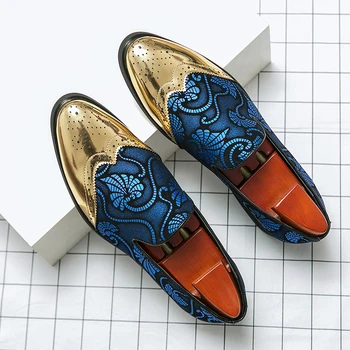 Модерни сини мъжки модела обувки в британския стил, кожени обувки с остри пръсти, ежедневни мъжки обувки, без закопчалка за партита, мъжки zapatos de vestir hombre