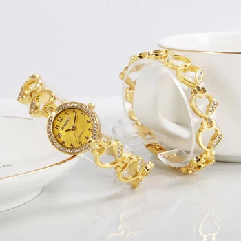 Модни Сладък Дамски Часовник-Гривна 2 елемента Mujer Златен Relojes Малък Циферблат Кварцов Ръчен Часовник дамски елегантен часовник С Кутия