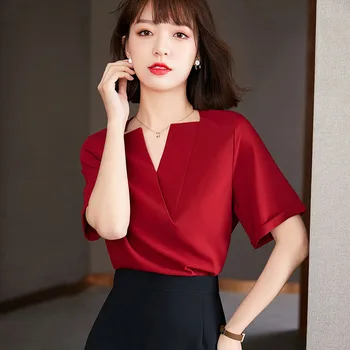 Модни червена блуза с къс ръкав, дамски летни дрехи 2021, висококачествени офис дамски реколта риза в корейски стил с V-образно деколте дамски