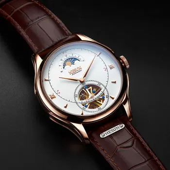 Мъжки механичен часовник Nesun с виртуален скелет, швейцария луксозна марка Moon Phase, водоустойчиви спортни автоматични часовници, кожени Relogio Male