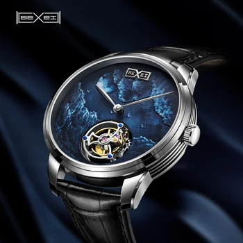 Мъжки часовник BEXEI 9076 с 40-часов виртуален скелет, синтетичен син сапфир водоустойчив tourbillion BX-18, автоматичен механичен механизъм