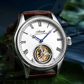 Мъжки часовник с виртуален скелет AESOP Tourbillon, луксозни механични водоустойчив ръчен часовник с ръчно от мъжки часовник-хронограф