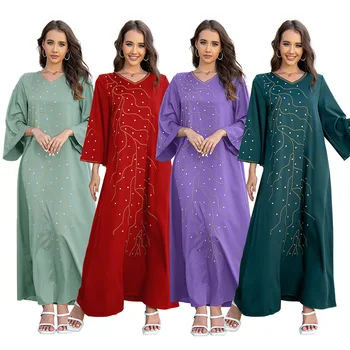 Мюсюлманска мода Ежедневните свободни вечерни рокли с диаманти, Абайя, Близкия Изток, Дубай, арабски кафтан, драпированное рокля с V-образно деколте, халат за баня