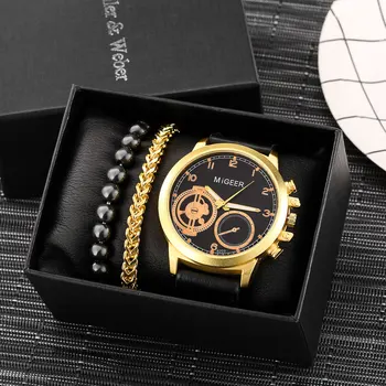 Набор от златни часовници-гривни от премиум-клас, мъжки луксозни кожени ръчни часовници с кварцов циферблат, мъжки ластични гривни, подарък кутия за мъжа