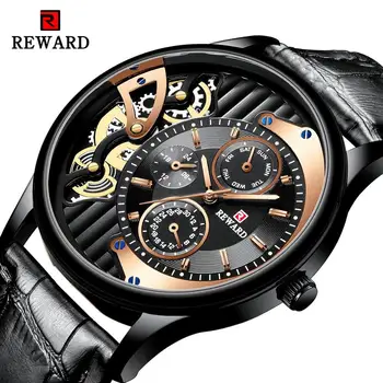 НАГРАДА Луксозни черни кожени часовници с дисплей седмици Класически розово-златни ръчен часовник с кварцов механизъм скелет Relogio Masculino