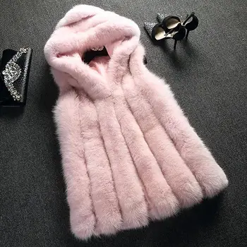 Нов кожа жилетка, палто от изкуствена лисьего кожа, жилетка с качулка на вертикални райета, жилетка със средна дължина, дамско Зимно яке, Връхни дрехи casaco feminino