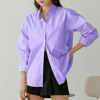 Нова Дамски Корейската Мода Пролет-Есен е Лесна И Универсална Однотонная Риза С Ревера, Дамски Подплата От 100% Памук с Дълъг Ръкав