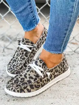 Нови дамски леопардовые маратонки на равна подметка с шнур и кръг пръсти, парусиновая обувки, пролетно-летни дамски ежедневни обувки, чехли с нисък покрив, върху плоска подметка