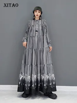Ново плиссированное рокля XITAO есен 2022, модерно ежедневното мозайка рокличка с принтом зебра, безплатно, голям размер, дълго дамско WMD3756