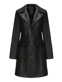 Новост в есенно-зимната мода, черна дълга кожено яке, дамски 2023, елегантен тренч в английски стил, однобортная на горно облекло