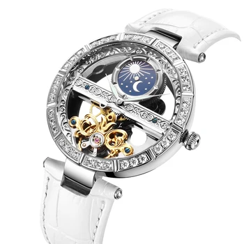 Оригинални автентични мъжки и дамски часовници с выдолбленным виртуален скелет, напълно автоматични часовници, модерен, елегантен кожена каишка, дамски часовници