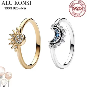 Подходящ оригинално истинско сребро 925 проба, аутентичное пръстен със слънцето и луната за жени, двойка пръстени, мода бижута сватба 