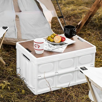 Потребителска кутия за съхранение с голям капацитет, сгъваема кутия за нощуване на открито с дървен капак, авто кутия за съхранение, контейнер-органайзер за хранителни продукти