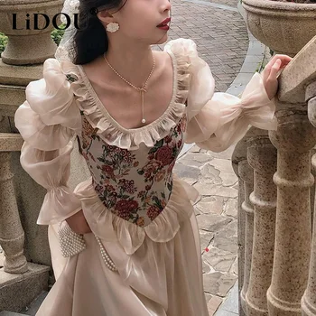 Пролетно-лятно винтажное модно принцеса рокля в стил мозайка с принтом, женски буйни рокли с дълги ръкави и набори, дамски елегантен халат
