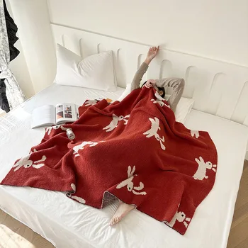 Разтегателен Вязаное пухени Завивки с модел на заек Червено одеяло Украса легла Пухкави, меки одеяла Начало декор наметала