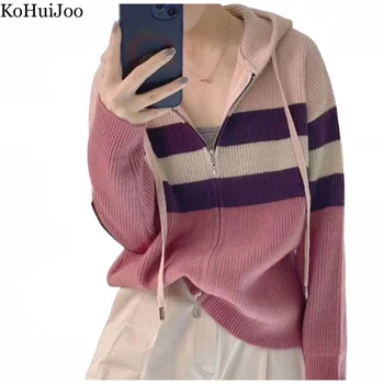 Ретро шарен пуловер, женски корейски стил, есента дълъг ръкав контрастен цвят, вязаный жилетка на двоен цип, с качулка, топ