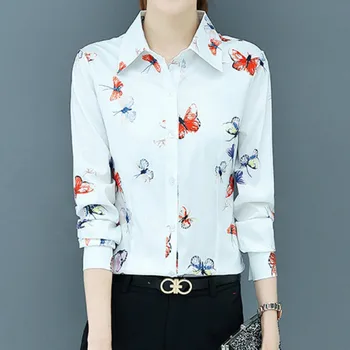Риза с флорална принтом, женски офис блузи с дълъг ръкав, ежедневни блузи с отложным яка, бели на розови блузи, дамски работни корейски шифоновые блузы