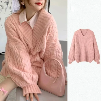 Розово сгъсти пуловер, дамски корейската версия, вязаное палто, Harajuku, сладък пуловер оверсайз в кампусном стил, жилетка с дълъг ръкав, дамски жилетки