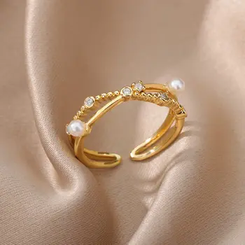 Романтичен пръстен с имитация на перли във формата на кръст за жени, отворено геометрично пръстен от неръждаема стомана златист цвят, естетичен бижута подарък за парти