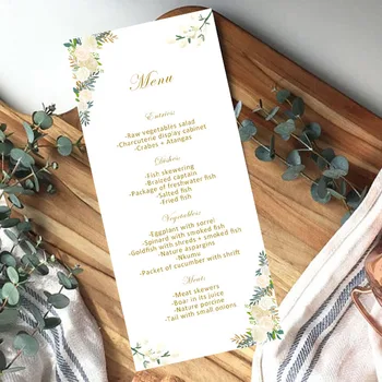 Сватбена меню може да се конфигурира на табела с логото картичка за гости, 48-та жена за рожден ден, за украса на масата по поръчка с шарени бяла роза