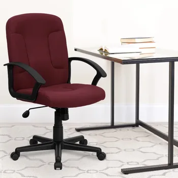 Стол за управител от бордо плат със средна облегалка, завъртащо се офис стол с найлонови подлакътници