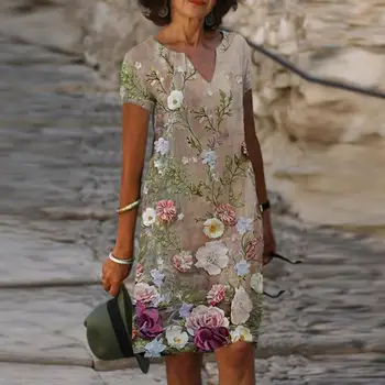 Тънка плажна рокля с дължина до коленете V-образно деколте и къс ръкав, винтажное вечерна рокля трапецовидна форма с флорални принтом