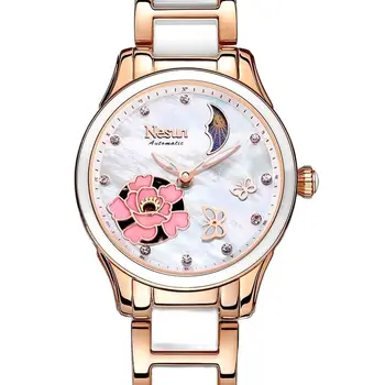 Швейцарски автоматични механични дамски часовници луксозна марка NESUN, водоустойчиви часовници с фазата на Луната, диамантени светещи часовници-скелет N9073