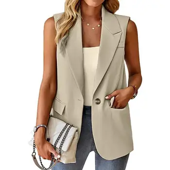 Яке от бръчки, стилен женски яке без ръкави с елегантна ревера на една пуговице, яке, средна дължина за официални бизнес пътувания на работа